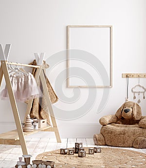 Mock up frame in children room with natural wooden furniture