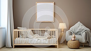Mock up frame in children room with natural wooden furniture