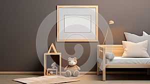 Mock up frame in children room with natural wooden furniture