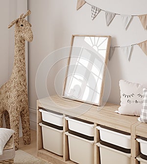 Mock up frame in children room with natural wooden furniture