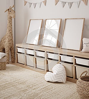 Mock up frame in children room with natural wooden furniture