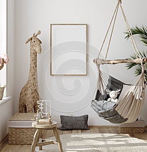 Mock up frame in children room with natural wooden furniture, Farmhouse style interior background