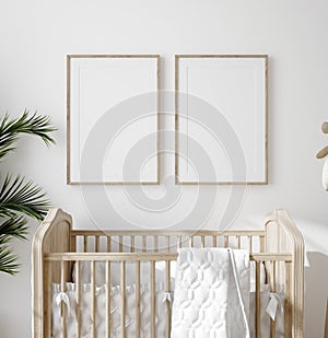 Mock up frame in children room with natural wooden furniture, Farmhouse style interior background