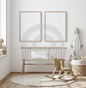 Mock up frame in children room with natural wooden furniture, Farmhouse style interior background