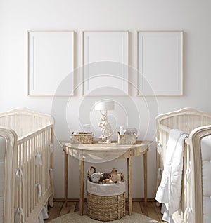 Mock up frame in children room with natural wooden furniture, Farmhouse style interior background