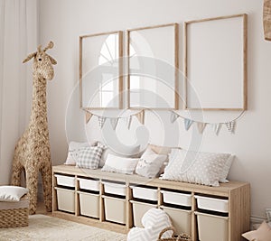 Mock up frame in children room with natural wooden furniture, Farmhouse style interior background photo