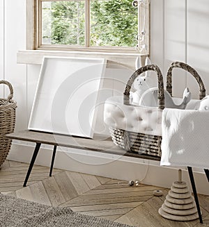 Mock up frame in children room with natural wooden furniture, Farmhouse style interior background