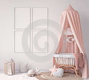 Mock up frame in children room with natural wooden furniture, Farmhouse style interior background