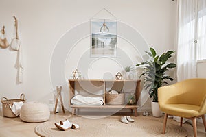 Mock up frame in children room with natural wooden furniture, Scandi Boho style interior background,