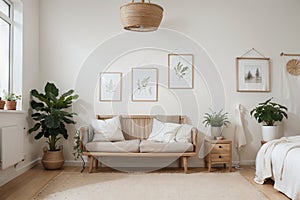 Mock up frame in children room with natural wooden furniture, Scandi Boho style interior background,