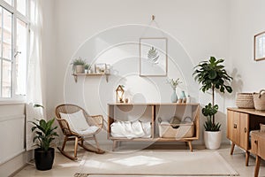 Mock up frame in children room with natural wooden furniture, Scandi Boho style interior background,