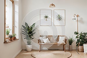 Mock up frame in children room with natural wooden furniture, Scandi Boho style interior background,