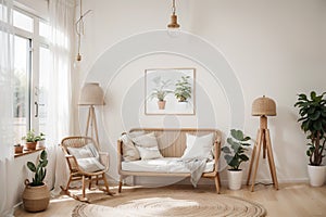 Mock up frame in children room with natural wooden furniture, Scandi Boho style interior background,