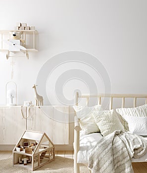 Mock up frame in children room with natural wooden furniture, Scandinavian style interior background