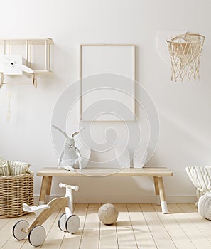 Mock up frame in children room with natural wooden furniture, Scandinavian style interior background