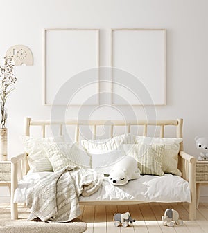 Mock up frame in children room with natural wooden furniture, Scandinavian style interior background