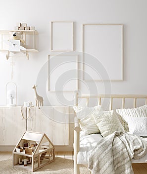 Mock up frame in children room with natural wooden furniture, Scandinavian style interior background