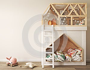 Mock up frame in children room with natural wooden furniture, toys and bunk bed. Scandinavian style interior background