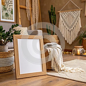 Mock up frame close up in home interior background, Boho style, 3D render