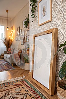 Mock up frame close up in home interior background, Boho style, 3D render