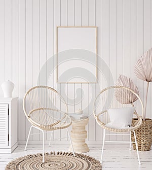Mock up frame in coastal home interior background, room with natural wooden furniture and dry plants