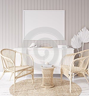 Mock up frame in coastal home interior background, room with natural wooden furniture and dry plants