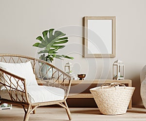 Mock up frame in cozy beige home interior background