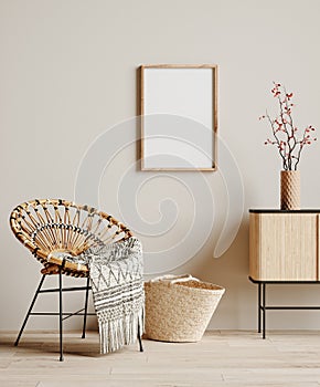 Mock up frame in cozy beige home interior background, Boho style