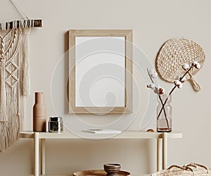 Mock up frame in cozy beige home interior background, Boho style