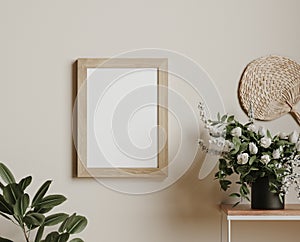 Mock up frame in cozy beige home interior background, Boho style