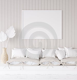 Mock up frame in cozy coastal home interior background