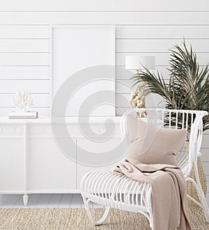 Mock up frame in cozy coastal home interior background