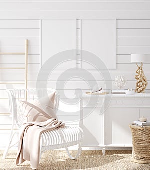 Mock up frame in cozy coastal home interior background