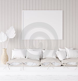 Mock up frame in cozy coastal home interior background photo