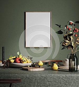 Mock up frame in cozy dark dining room interior background