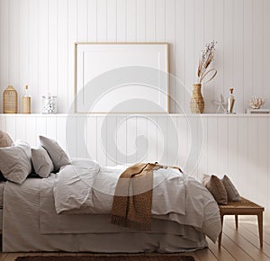 Mock up frame in cozy home interior background, coastal style bedroom