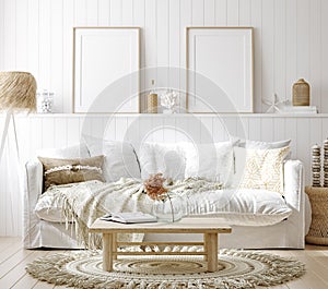 Mock up frame in cozy home interior background, coastal style living room