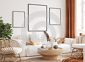 Mock up frame in cozy home interior background, coastal style living room