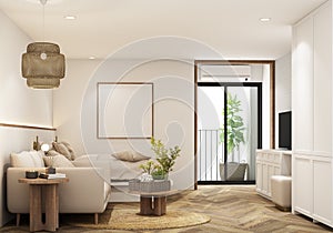Mock up frame in cozy home interior background, coastal style livingroom