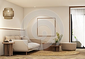 Mock up frame in cozy home interior background, coastal style livingroom