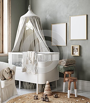 Mock up frame in cozy nursery interior background, Scandinavian style