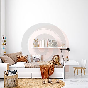 Mock up frame in cozy nursery interior background, Scandinavian style