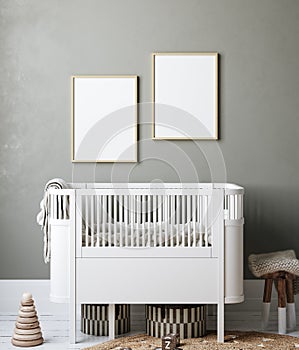 Mock up frame in cozy nursery interior background, Scandinavian style