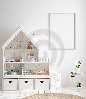 Mock up frame in cozy nursery interior background, Scandinavian style