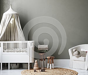 Mock up frame in cozy nursery interior background, Scandinavian style photo