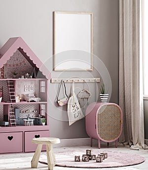 Mock up frame in cozy nursery interior background, Scandinavian style