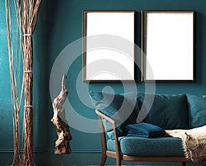 Mock-up frame in dark green home interior with sofa, fur, rope curtains and branch sculpture