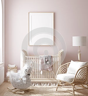 Mock up frame in girl nursery with natural wooden furniture
