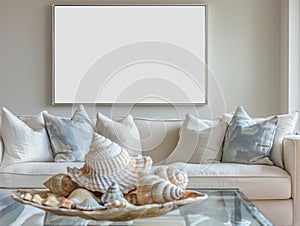 Mock up frame in home coastal interior background.