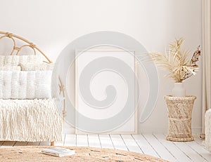 Mock up frame in home interior background, beige room with natural wooden furniture